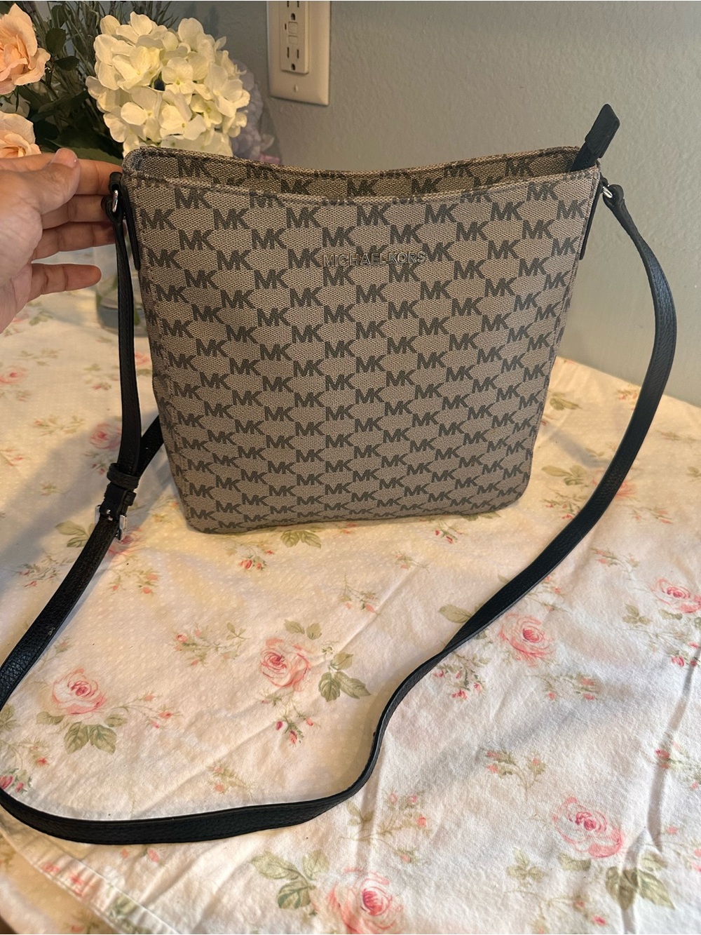 Michael Kors Grey Logo Crossbody Bag with Black Strap